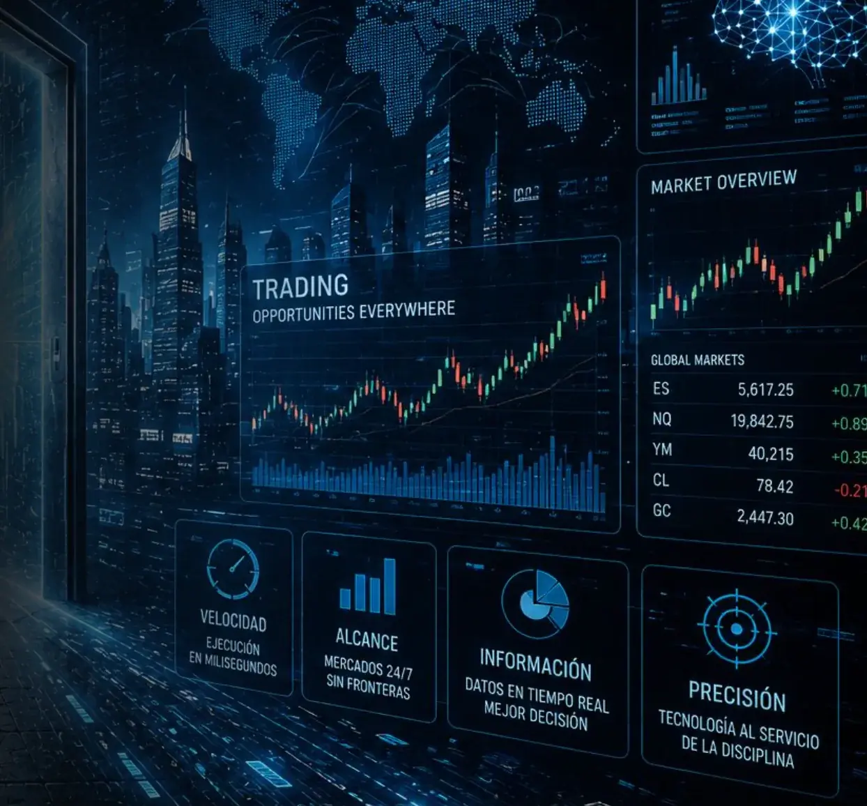Universo digital de trading Kairos23 con paneles de mercado